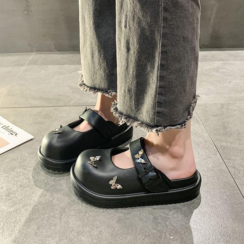 High-value Metal Butterfly Thick-bottomed Cool Slippers Women's Fashion Bag Head Slippers One-pedal Slippers Women's 2025 Spring and Summer