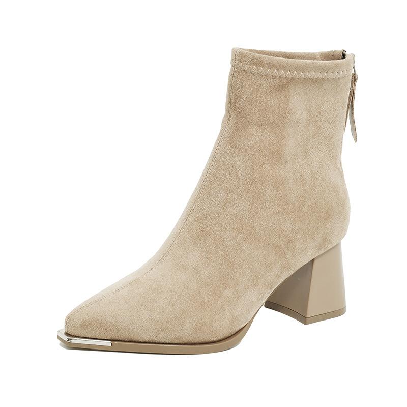 Short boots women's new autumn and winter 2025 suede pointed rear zipper inner height increase short thick heel bare boots women's boots
