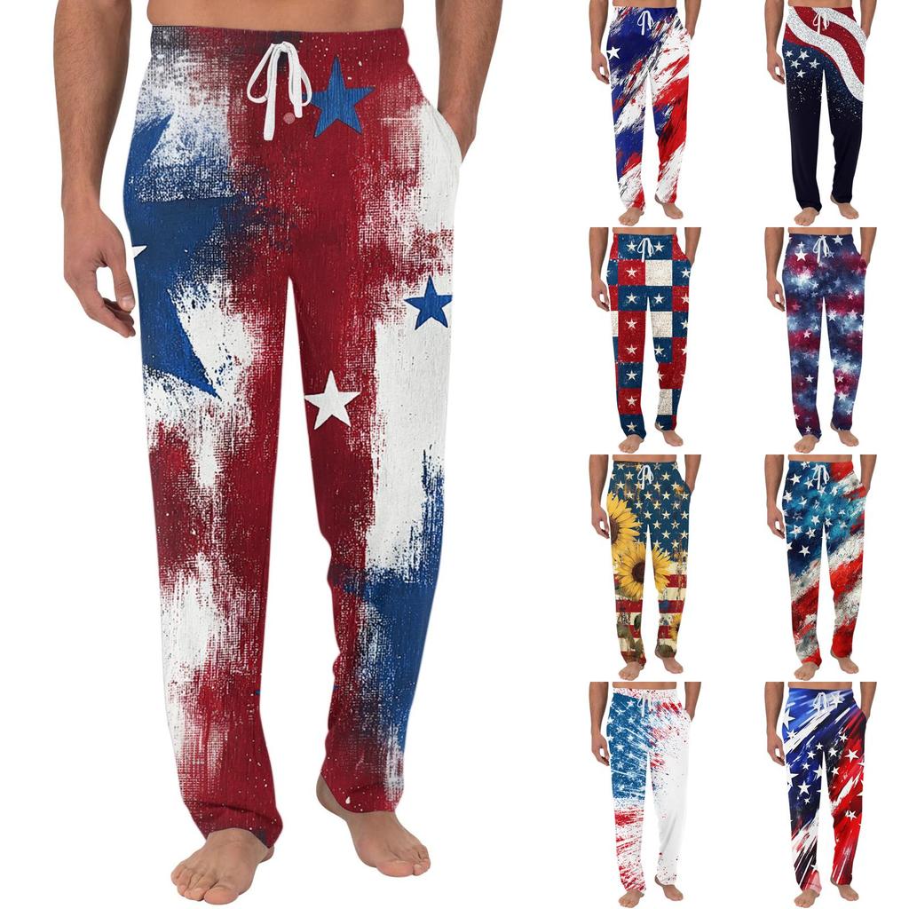 Men's Independence Day Print Plain Knit Pocket Casual Lounge Pants Sleepwear Drawstring Waist Relaxed Fit