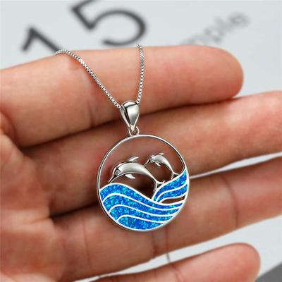 Boho Niedlicher Meeresdelfin Anhänger Halskette für Mädchen Statement Damen Accessoires Imitation Blauer Opal Halskette Schmuck Geschenke