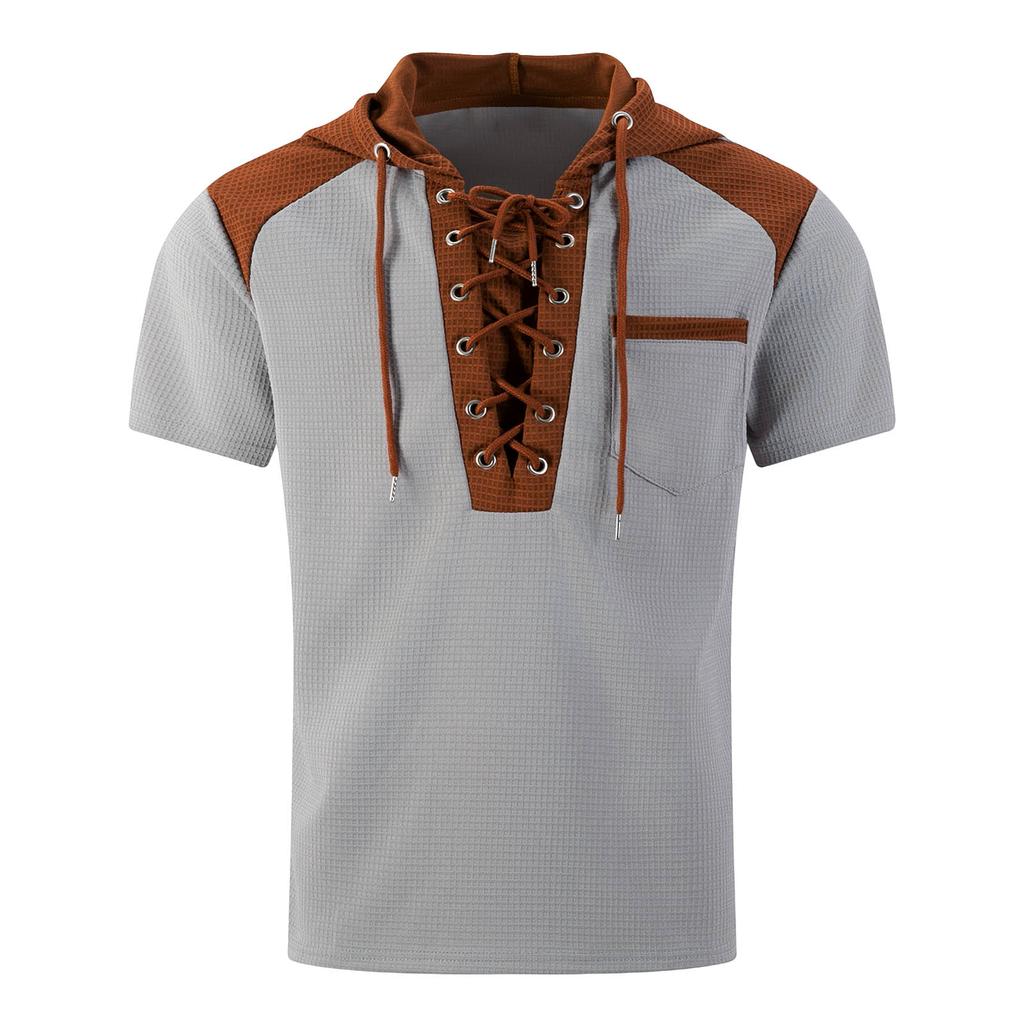 Men's Color Blocked Hooded Top With Pockets Casual And Comfortable Short Sleeved Shirt