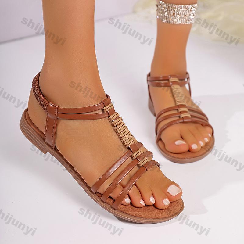 Fashion Women's Fashion Casual Flat Sandals Female Open Toe Casual Sandals 2025 Summer New Elastic Band Roman Beach Shoes Plus Size 43