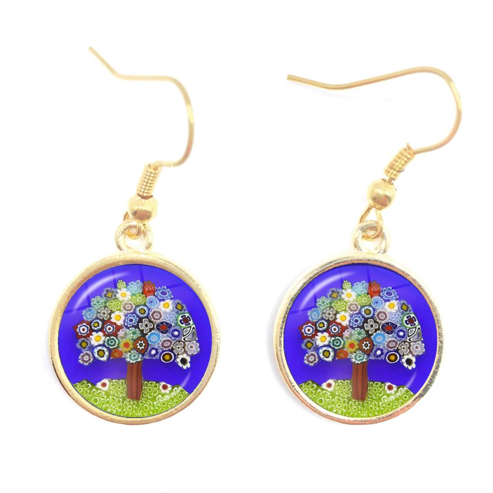 Murano Millefiori Drop Earrings MultiColour Flower 16mm Glass Cabochon Earring Jewelry For Women Girls Gift