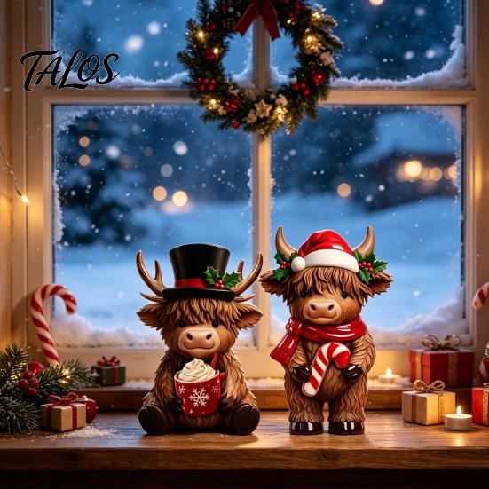 Unique Holiday Home Soft Furnishings 2Pcs Christmas Highland Cow Figurines, Resin Santa Reindeer Cow, with Hat, Detailed Animal Craft Hot Cocoa, Decor