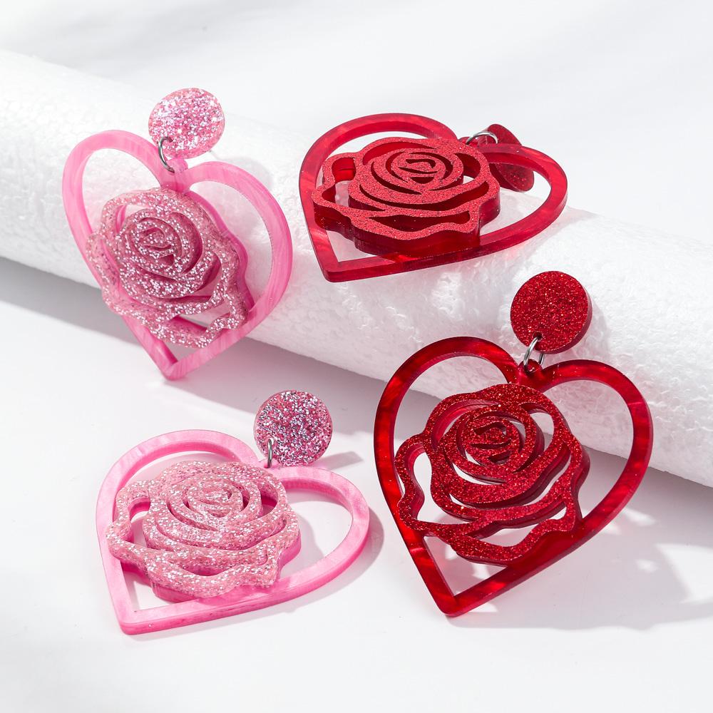 Pink Red Hollow Love Acrylic Drop Earrings for Women New Glitter Rose Flower Cupid Heart Earring Jewelry Valentine's Day Gift