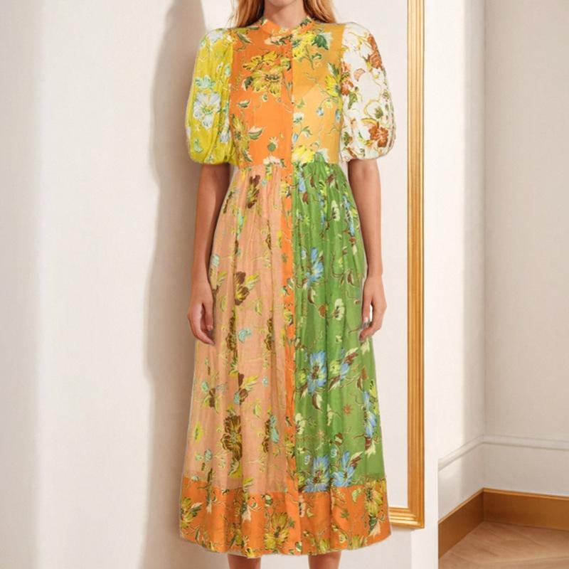 Ladies Summer Fashion Elegant Short Sleeve Floral Printed Bubble Sleeve Dresses