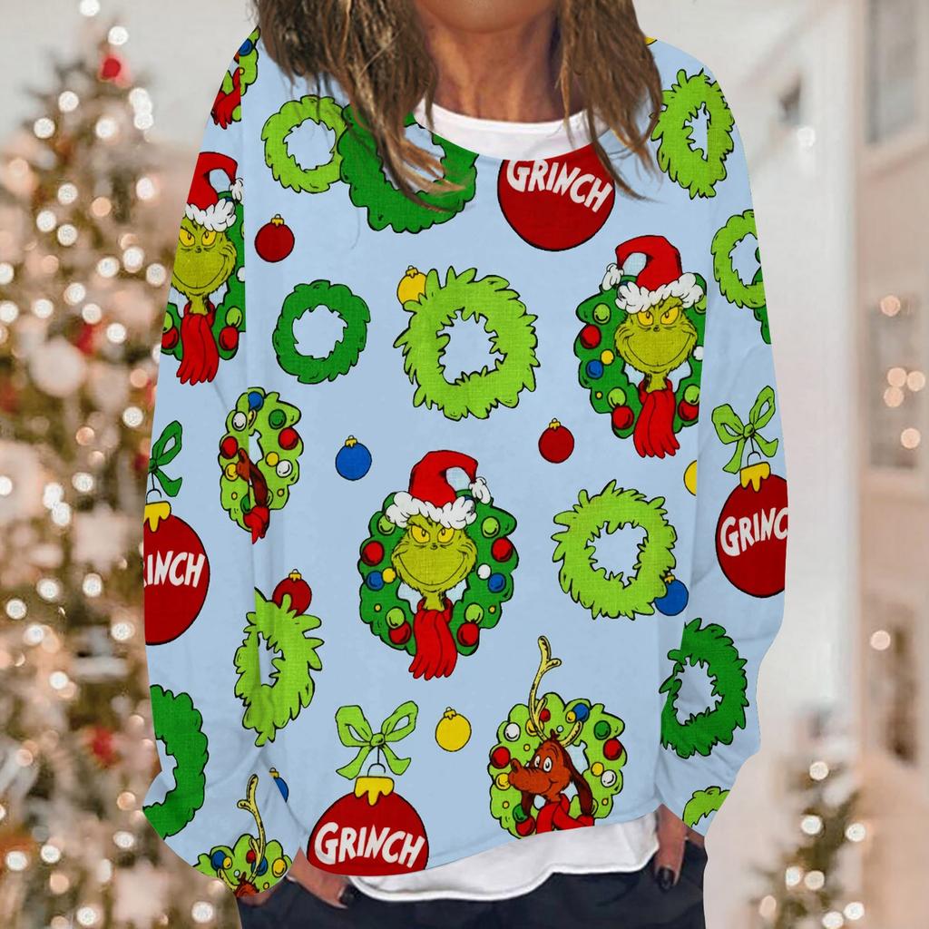 Damen Casual Fashion Weihnachten Bedrucktes Langarm-Sweatshirt mit O-Ausschnitt Lagenpullover