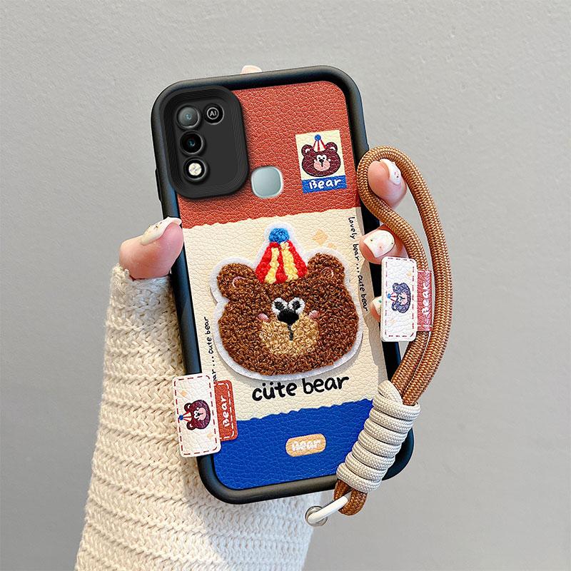 KEYSION Cartoon Cute Plush Embroidery Case for Infinix Hot 11 Play with Lanyard PU Leather Shockproof Phone Cover for Infinix Hot 10 9 Play