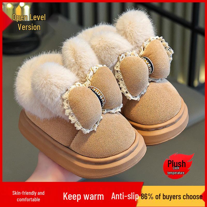 2024 Year of the Horse Girls' Heeled & Cotton Winter Shoes: Non-slip Plush Indoor Warmth for Kids.