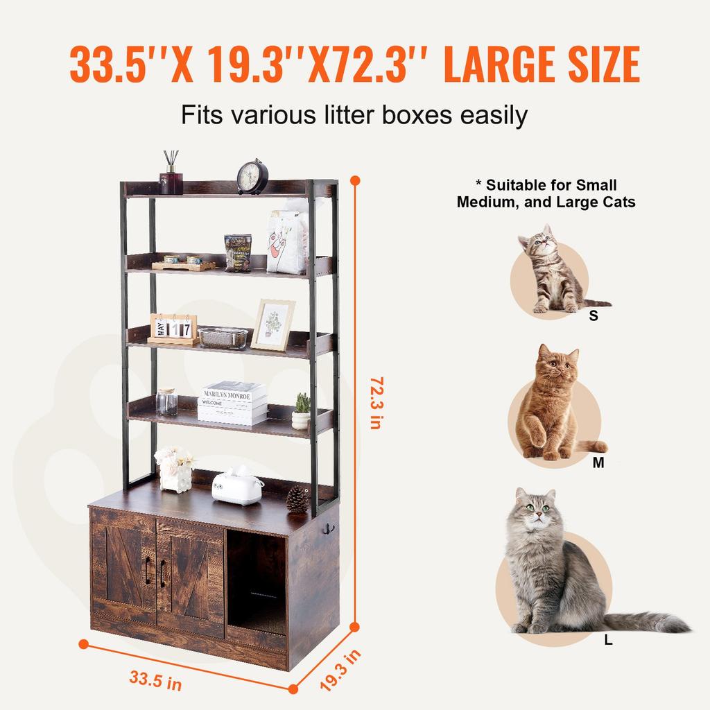 VEVOR Cat Litter Box Enclosure, Hidden Litter Box Furniture with 4 Storage Shelves, Wooden Cat Washroom Indoor