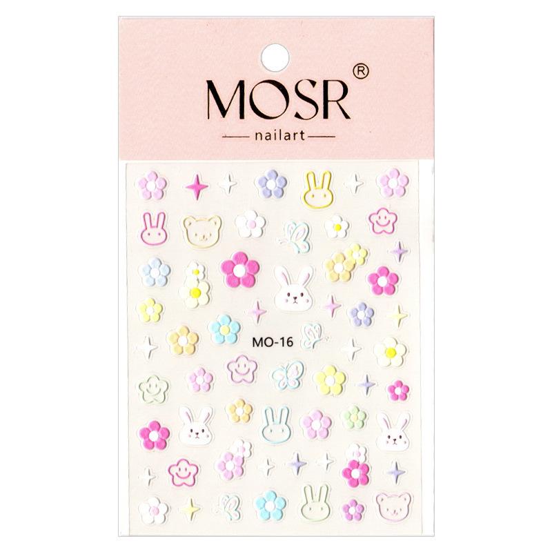 Embossed Tulip and Rainbow Cloud Nail Stickers with Cute Rabbit, Flowers, and Starburst Designs