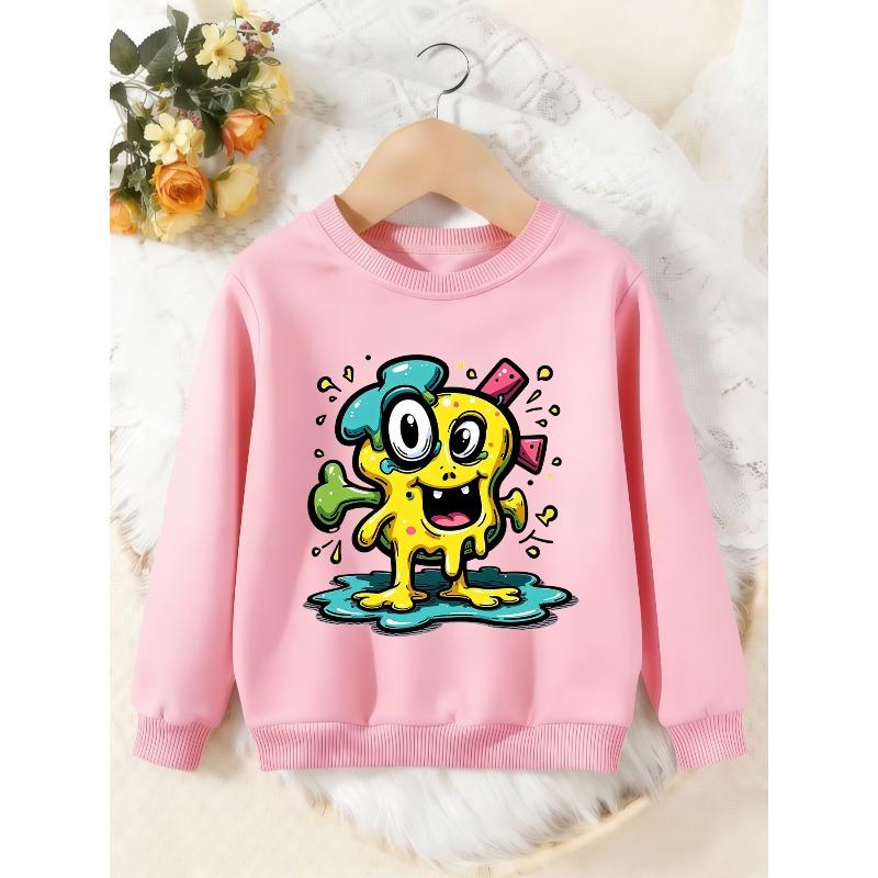 Unisex Kids Crewneck Sweatshirt, Cute Dripping Yellow Cartoon Monster Print Pullover, Boys Girls Casual Sweatshirt For Kids Over 4 Years Old