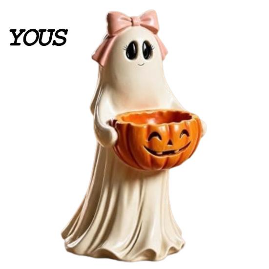 Detailed Resin Tabletop Figures Ghost Statue with Pumpkin Candy Bowl for Halloween Table Decor, Small Figurines Bedroom Cute Desktop Organizer Living