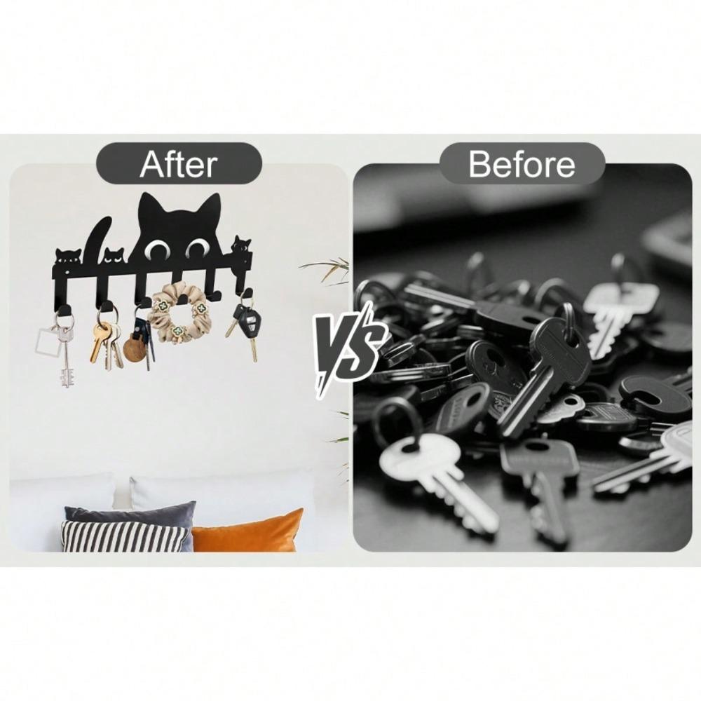 Wall Mounted Cat Key Holder 6 Hooks Self Adhesive No Drill Space Saving Entryway Decor