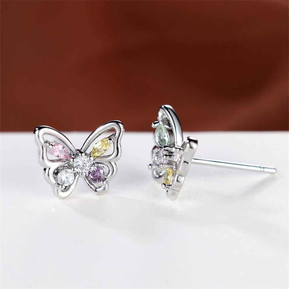 Cute Small Butterfly Multicolor Tiny Zircon Stud Earrings For Women Vintage Silver Color Wedding Earring Valentine Jewelry Gifts