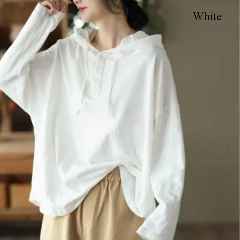 

Весенний новый ретро-джемпер с капюшоном и однотонной толстовкой, женская свободная повседневная рубашка с длинным рукавом, модная хлопковая футболка XL белый