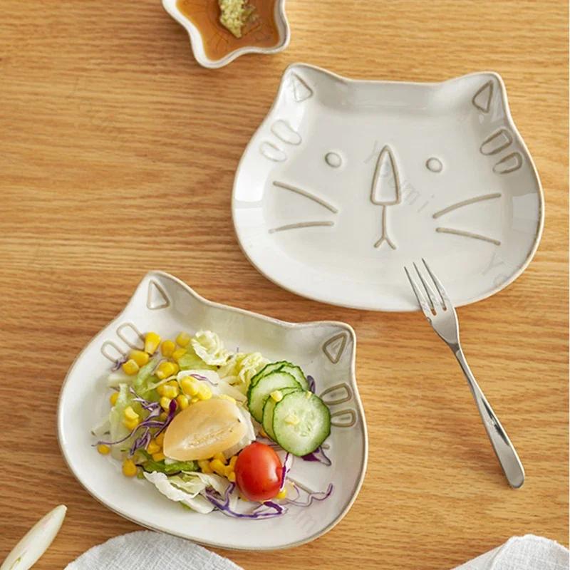 Creative Cute Circular Dining Plates Retro Style Relief Ceramic Plate Household Pasta Salad Plate Exquisite Tableware