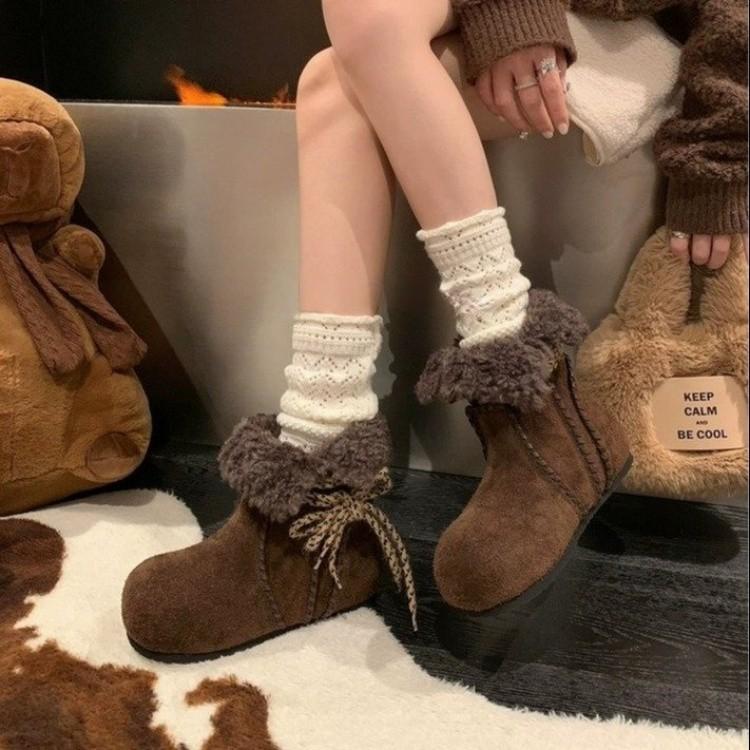 Flat-bottomed snow boots velvet short boots women's autumn and winter new lace-up fluffy boots thermal cotton boots Korean version Birkenstocks