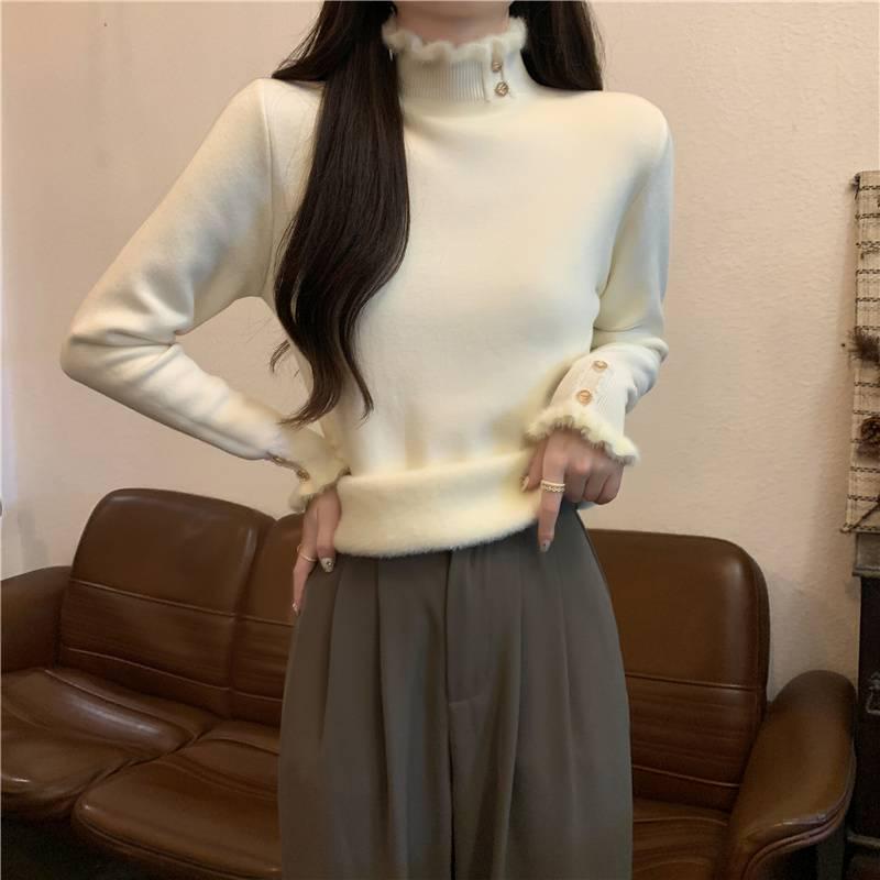 

Women s Fleece-Lined Knit Sweater - Warm, Thick, Slim-Fit Half-High Collar Base Layer for Autumn and Winter 2XL белый