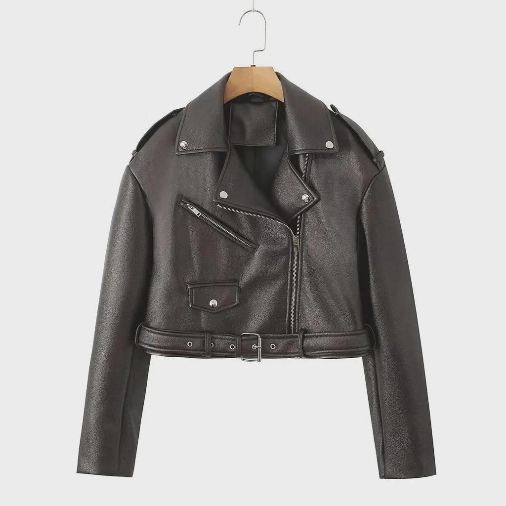 European & American Style Women's Slim Leather Motorcycle Jacket with Lapel Zipper