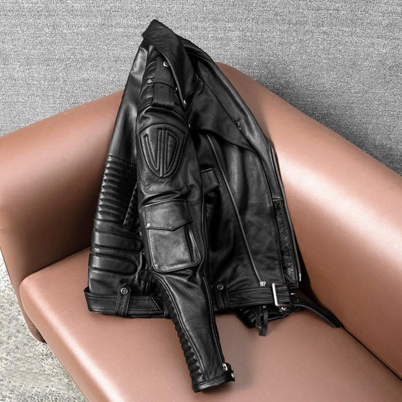Genuine Cowhide Leather Jacket for Men Motorcycle Biker Coat with Detachable Liner and Armor Pockets