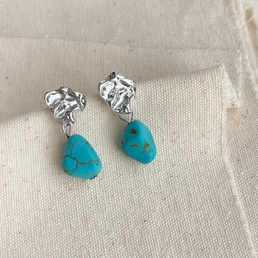 Sculptural Turquoise Earrings and Bracelet Set, Handmade Vintage Boho Jewelry, Unique Dainty Adjustable Retro Gift for Women, Coordinated Accessory