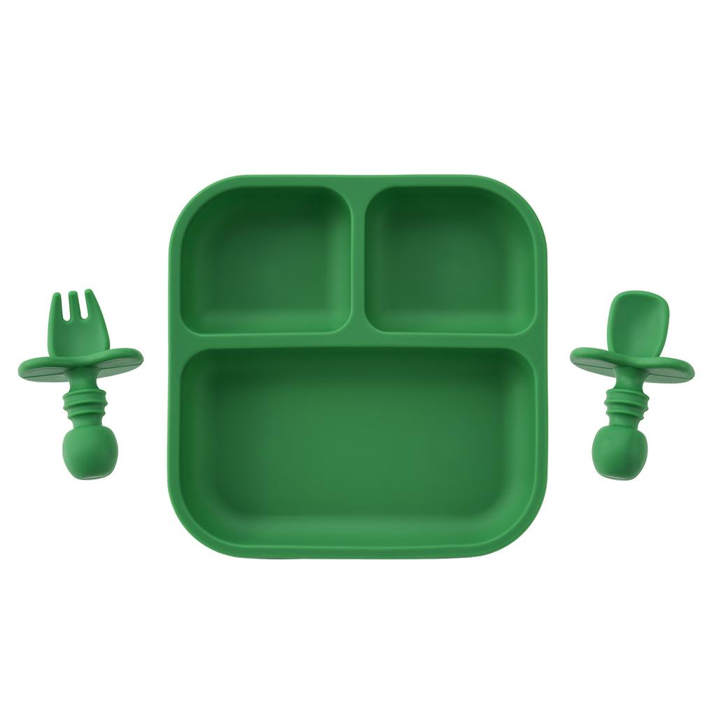 Color Kids 3PC BPA-Free Silicone Baby Feeding Set Sucker Dishes Plates Training Fork Spoon Weaning Tableware Kids Christmas Gift