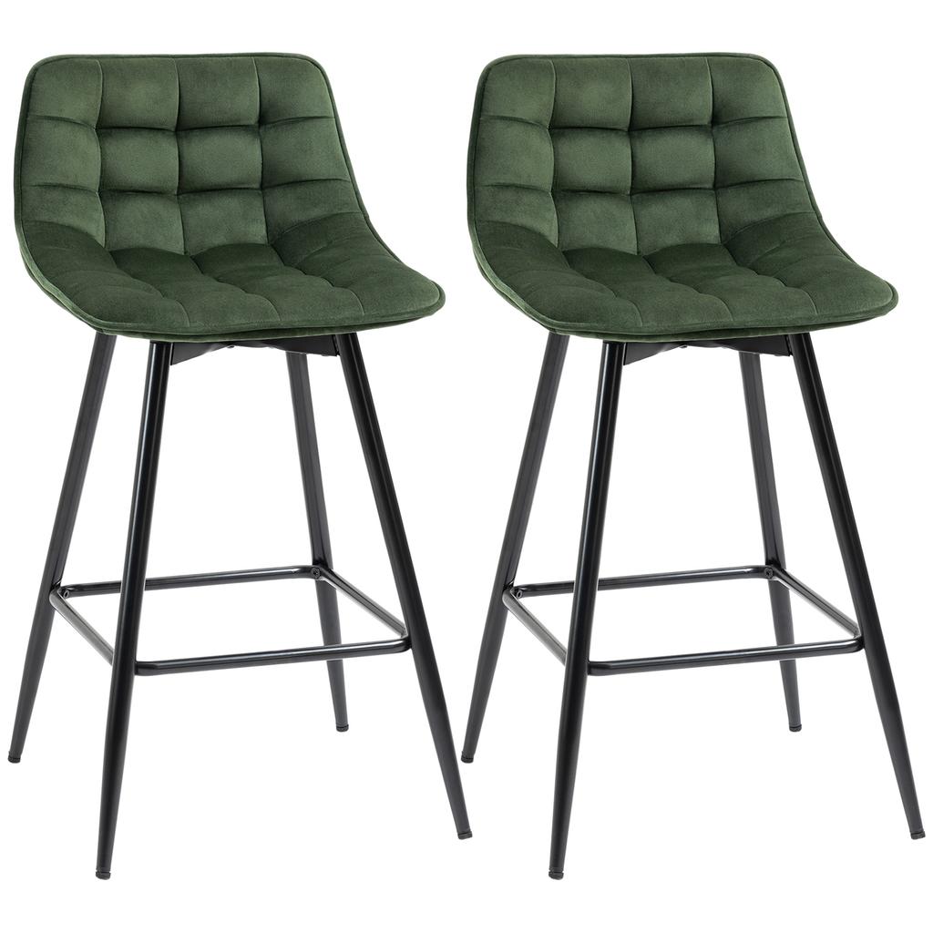Set of 2 Bar Stools with Backrest and Footrest Nordic Style In Metal and Velvet, Green, 45x47x84cm