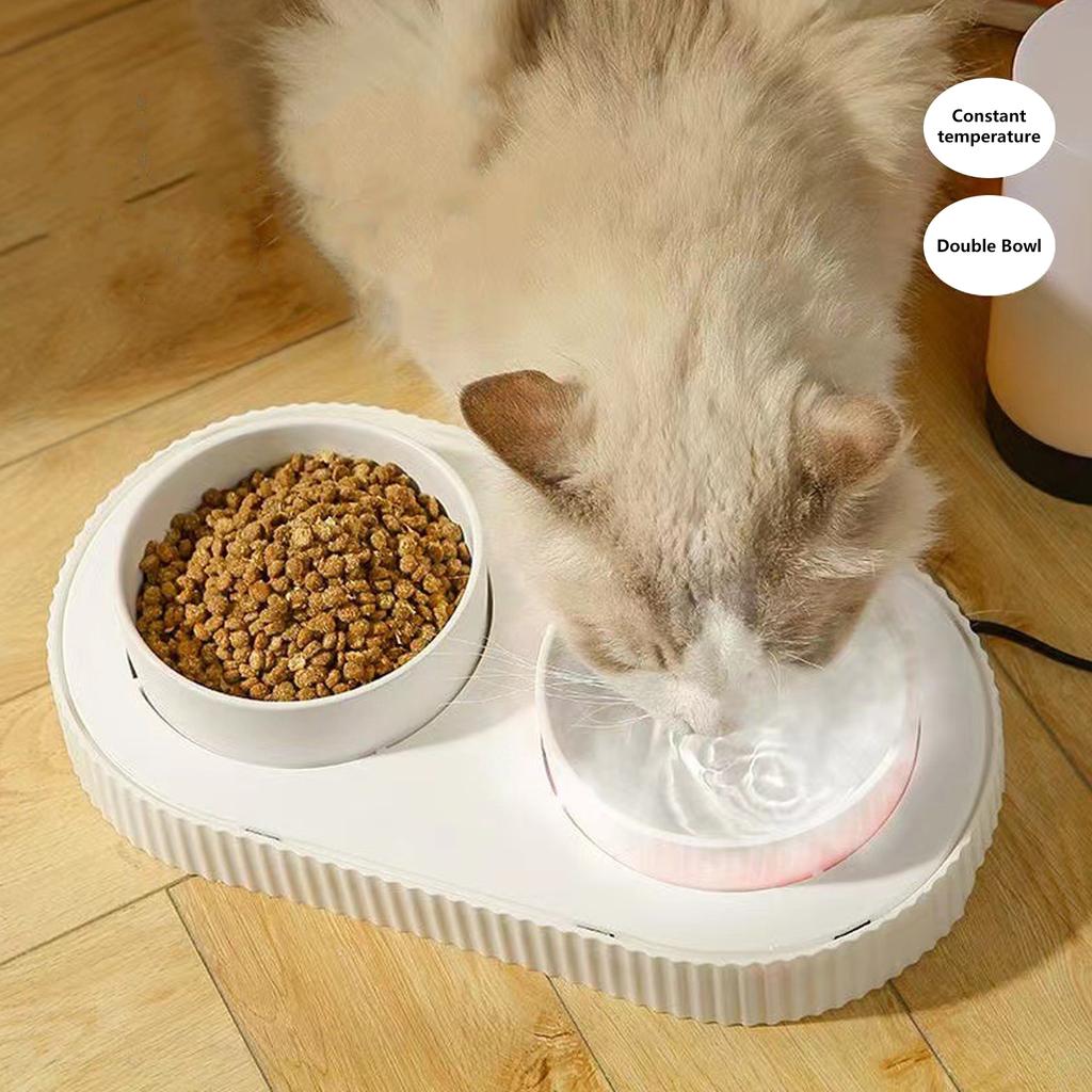 Warm Drinking Double Ceramic Bowls for Pets USB Heated Water Dish Bowl Food Feeder Bowl for Pet Indoor and Outdoor Use