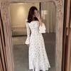 European and American Summer New U-neck Printed Long-sleeve Flare-sleeve Fashionable Slim-fit Women's Dress
