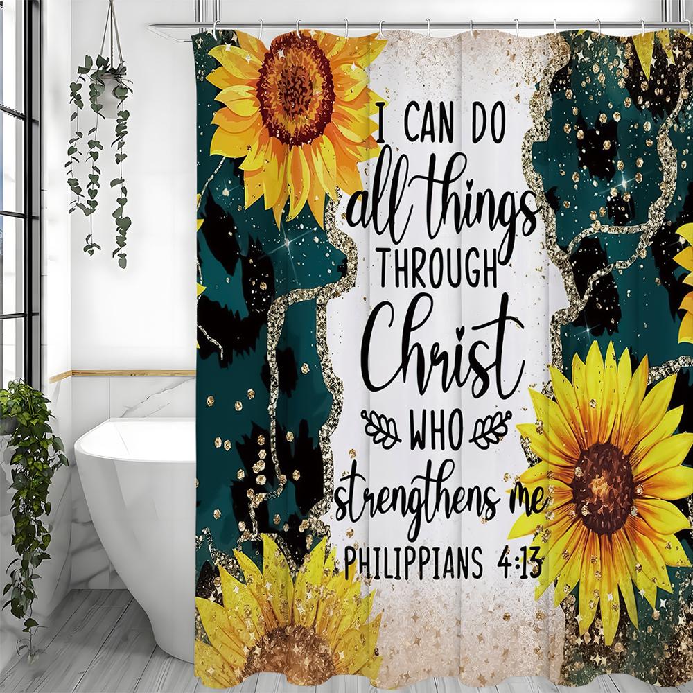 Sunflower Diamond Bible Inspirational Quotes Shower Curtain, Bathroom Decorative Shower Curtain, Waterproof Shower Curtain with