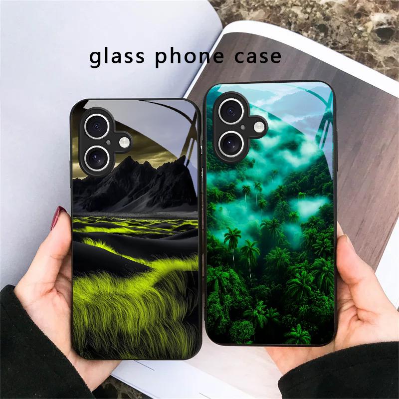 Forest Stream Pattern For iPhone 17 Air 16 E 15 Plus 14 Pro Max 13 12 Mini 11 5 6 7 8 Plus XR XS Max SE Black Glass Phone Case