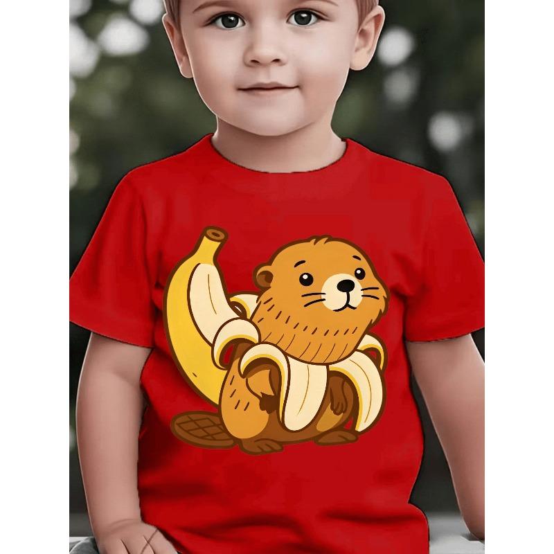 European Sizes Baby Boy Short Sleeve Spring Summer Autumn Cartoon Beaver Banana Pattern Cute Design Children'S Playful Print Casual T-Shirt