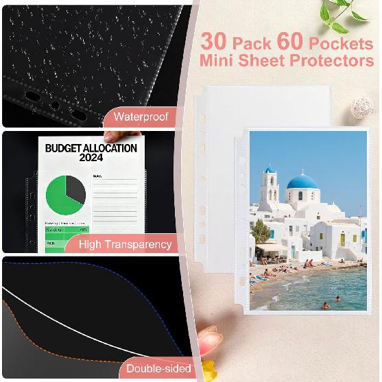30 Pack 60 Pockets 5.5x8.5” Sheet Protector Sleeves for 6 Ring A5 Binder, A5 Mini 3 Ring Binder, Ultra-Clear Playbill Holder Sleeves, Double-Sided,