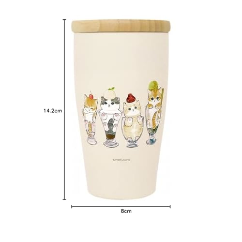 Toa Metal Mofusand Stainless Steel Tumbler with Wooden Lid, 350ml, Cat Parfait Design, 53-2092, Beige