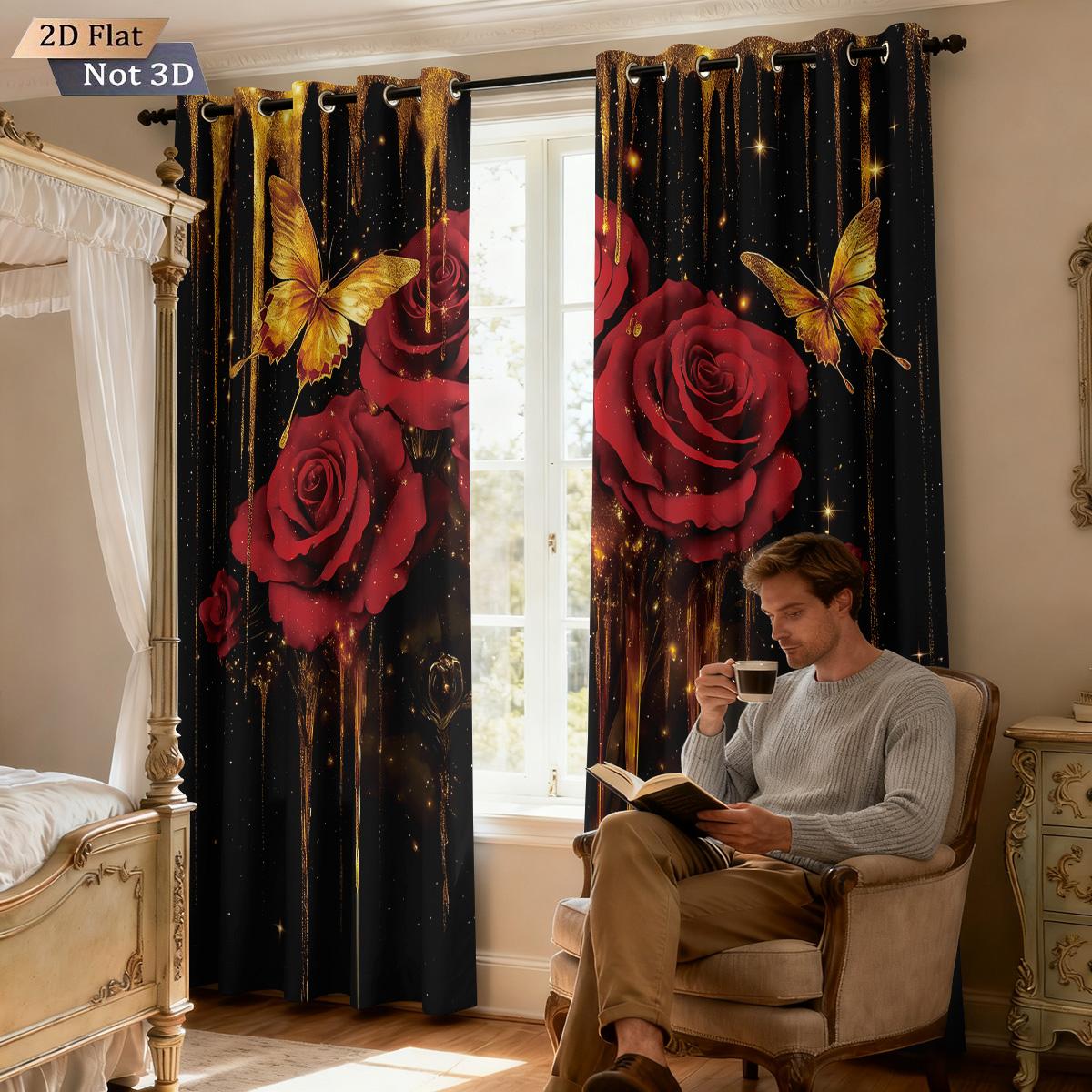 

2pcs imitation gilded red rose butterfly print perforated blackout curtains multiple sizes living room insulation decoration 140x160&Grommet Top