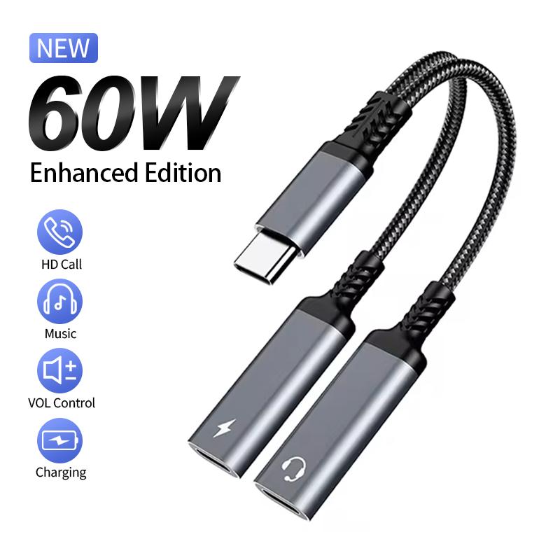 Xiaomi OTG 2 IN 1 USB C Splitter to Dual Type USB C Headphone Jack Audio Adapter PD 60W Fast Charger for Samsung Huawei IPhone15 Xiaomi