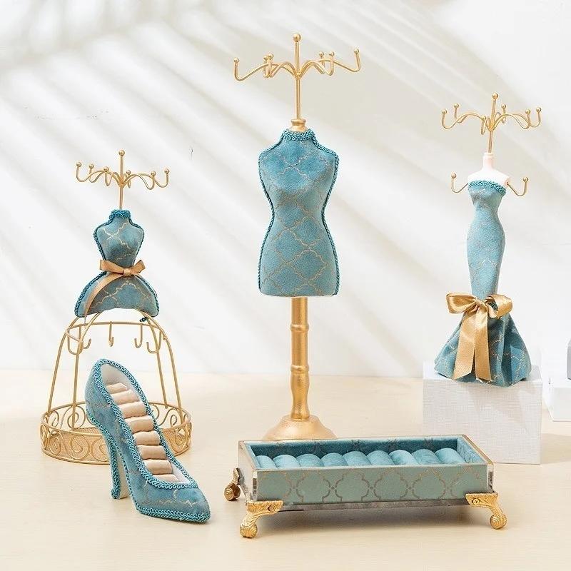 Retro Nordic Jewelry Display Stand Peacock Blue Bronzing Rotating Rack Earring Holder Necklace Ring Pendant Bracelet Organizer
