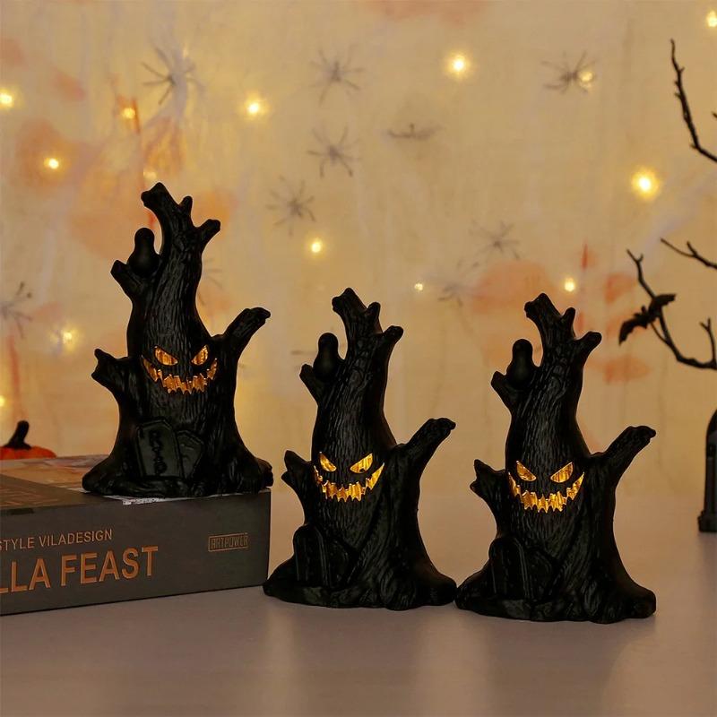 1-10PCS Halloween LED Ghost Face Tree Statue with BatterySpooky Tree Demon Statue Tabletop Bark Face Figurine for Indoor Outdoor
