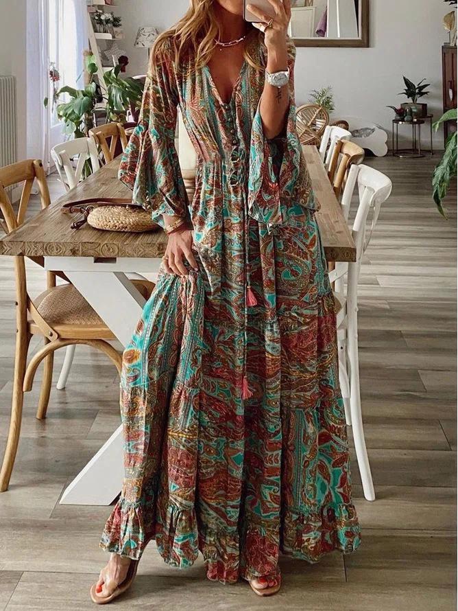 Bohemian Bell Sleeve V-neck Floral Vacation Maxi Dress