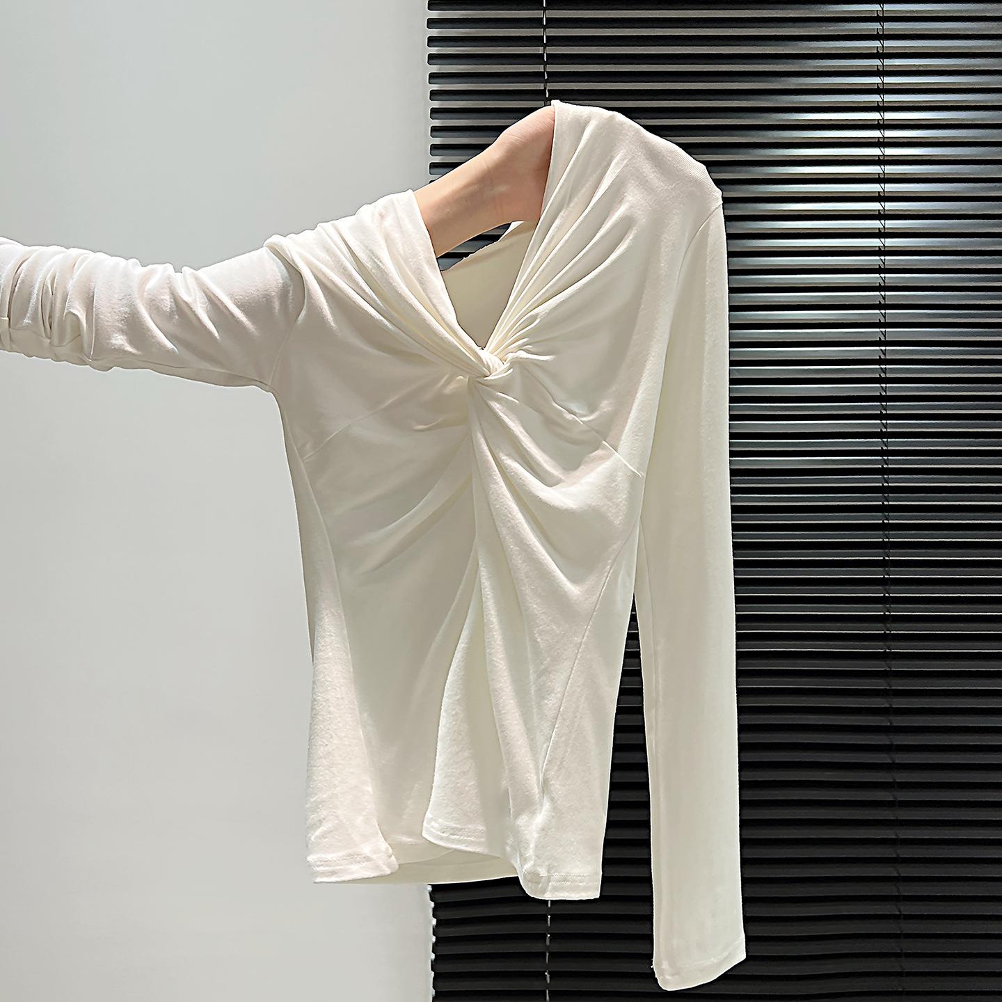White v-neck long-sleeved t-shirt women s autumn versatile design sense twist slim slim knot bottoming shirt women s outerwear top tide s(weight 80-95) белый