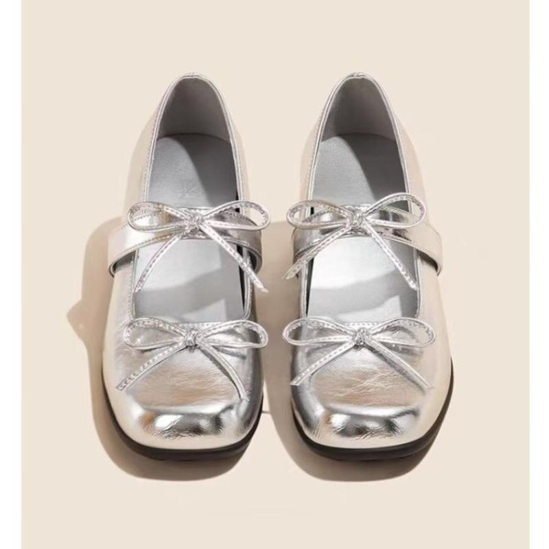 Fashion Women's French Bow Round Toe Super Fire Single Spring Studded Metal Buckle Slip-On Soft Sole Flats Mary Jane