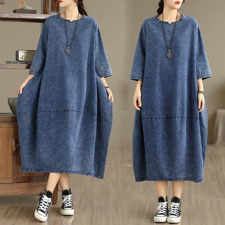 

Vintage Blue Denim Maxi Dress Women Plus Size Loose Casual Cotton Basic Long Dress L синий