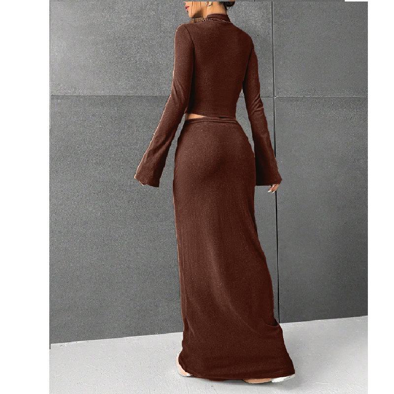 Women's Slimming Lace-up Long Dress Set - Solid Color for Autumn/Spring