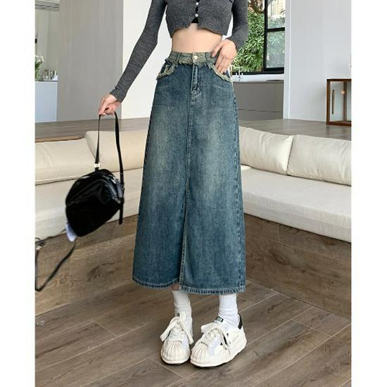 Autumn High-Waisted Raw Hem Slit A-Line Denim Skirt in Blue 2XL (66-72 kg)