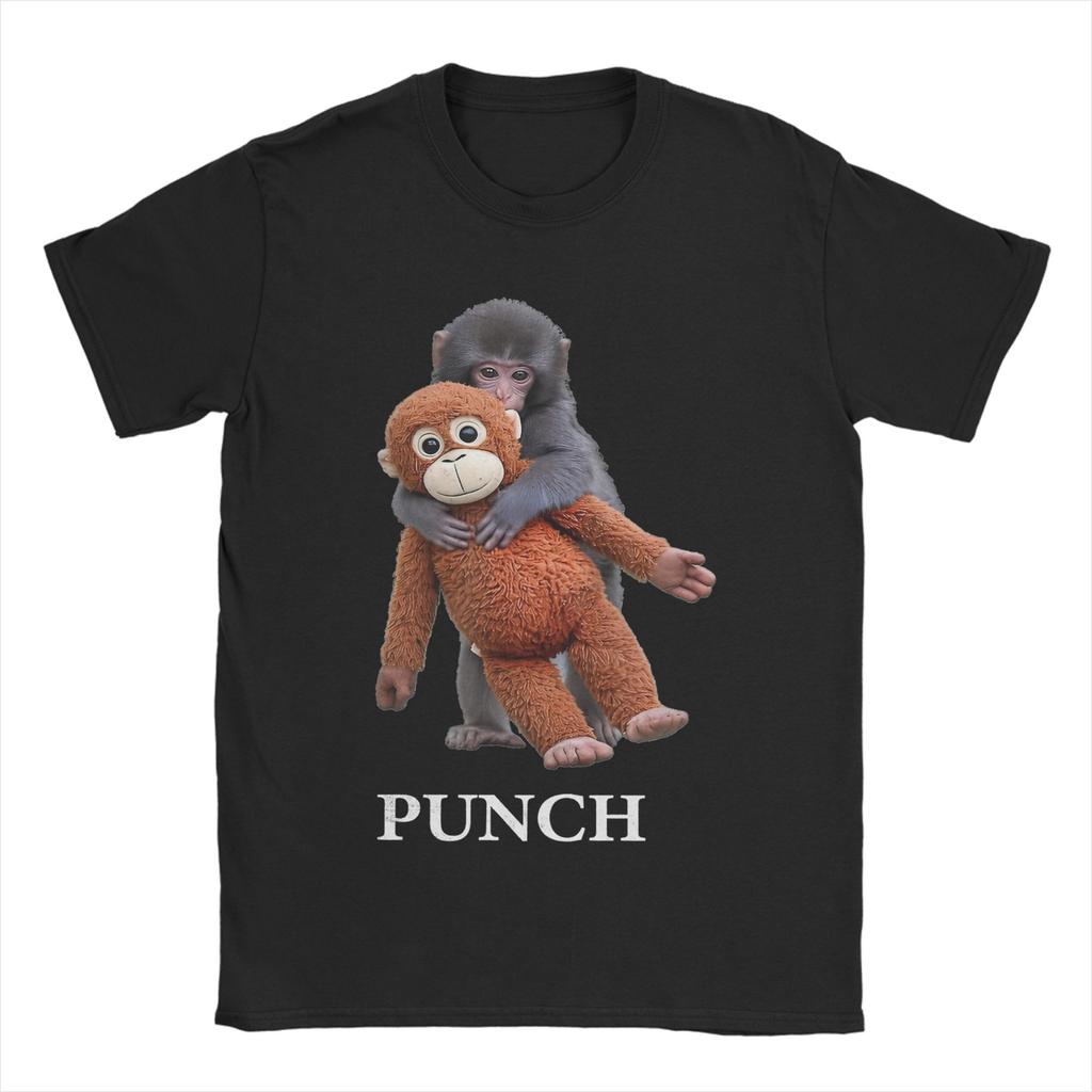Men Women Printed Team Punch Punch the Monkey Baby Monkey Holding Plush Toy Tee T Shirt Pure Cotton Tshirts Clothes
