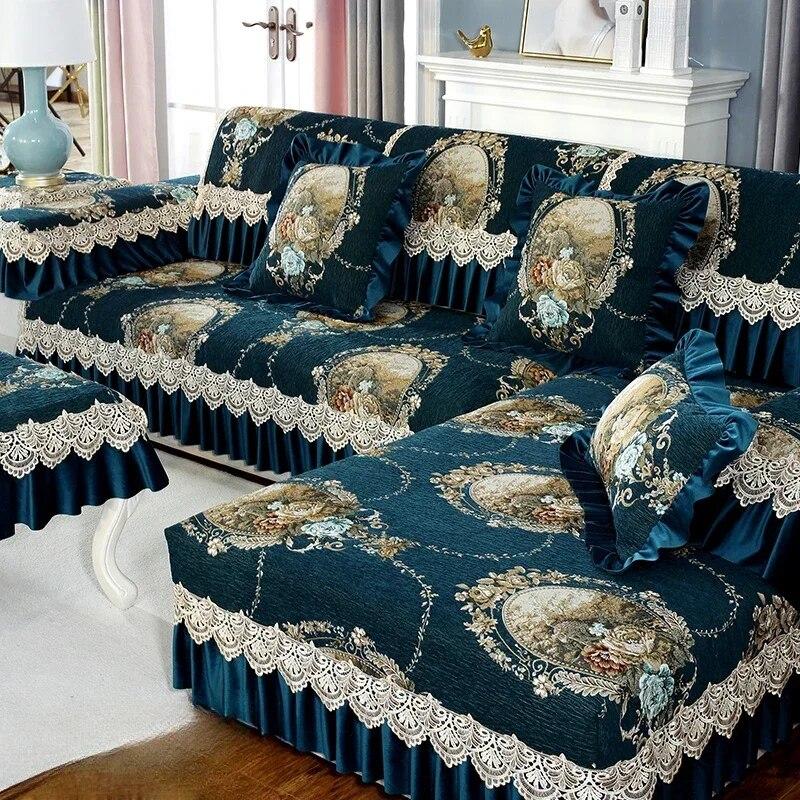 Luxury Chenille Sofa Mat European Style Large Flower Fabric Anti Slip Seat Cushion Winter Solid Wood Full Coverage Sofa Cover