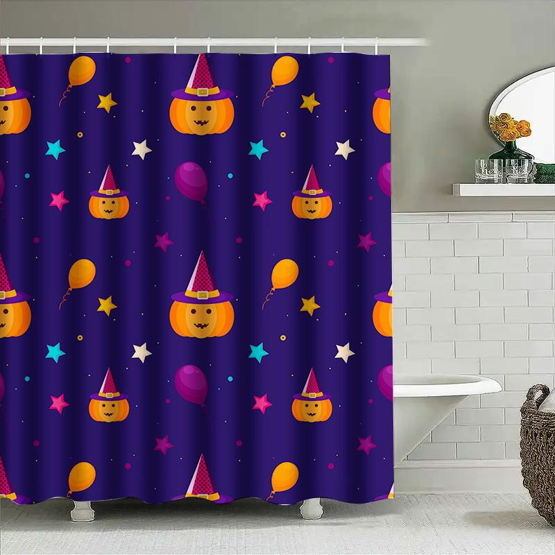

Tuniu Cute Halloween Bathtub Curtain For Kids Girls Boys Pumpkin Balloons Stars Shower Curtain W60H190(CM)-1 Pcs