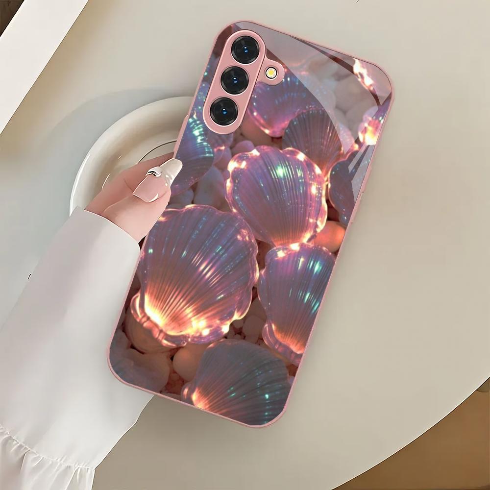 Pink shell electroplated glass phone case suitable for Samsung Galaxy S26 S25 S24 S23 S22 S20 FE/Ultra/Plus anti drop back cover