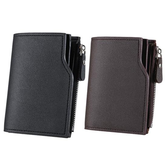 Men Short Card Wallet Slim Tri-fold Wallet Large Capacity Card Holder Cash Wallet with ID Window Zipper Coin Pocket Gift for Father Husband